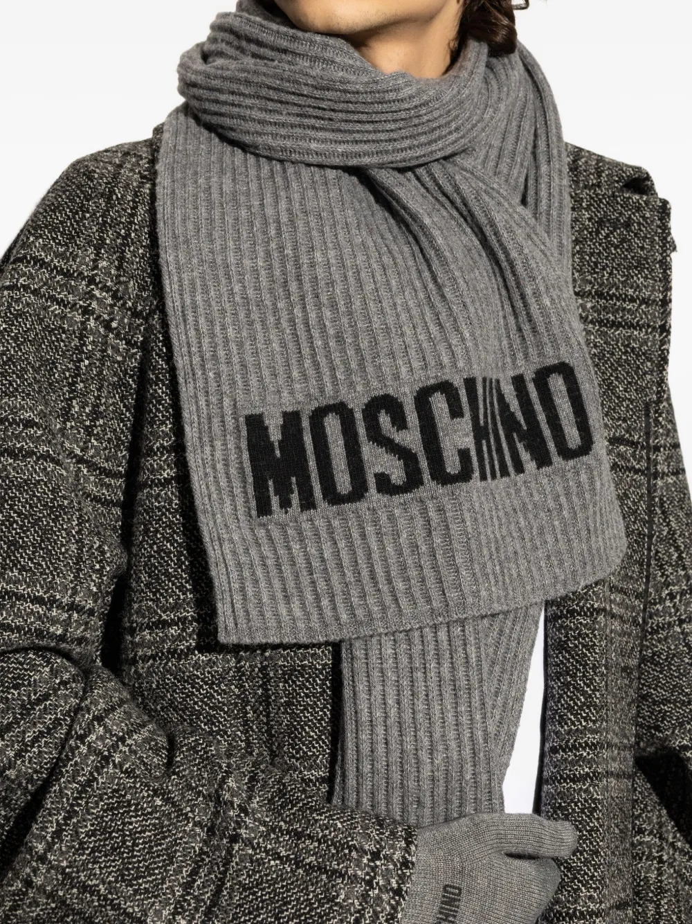 Moschino Geribbelde sjaal met intarsia logo Grijs