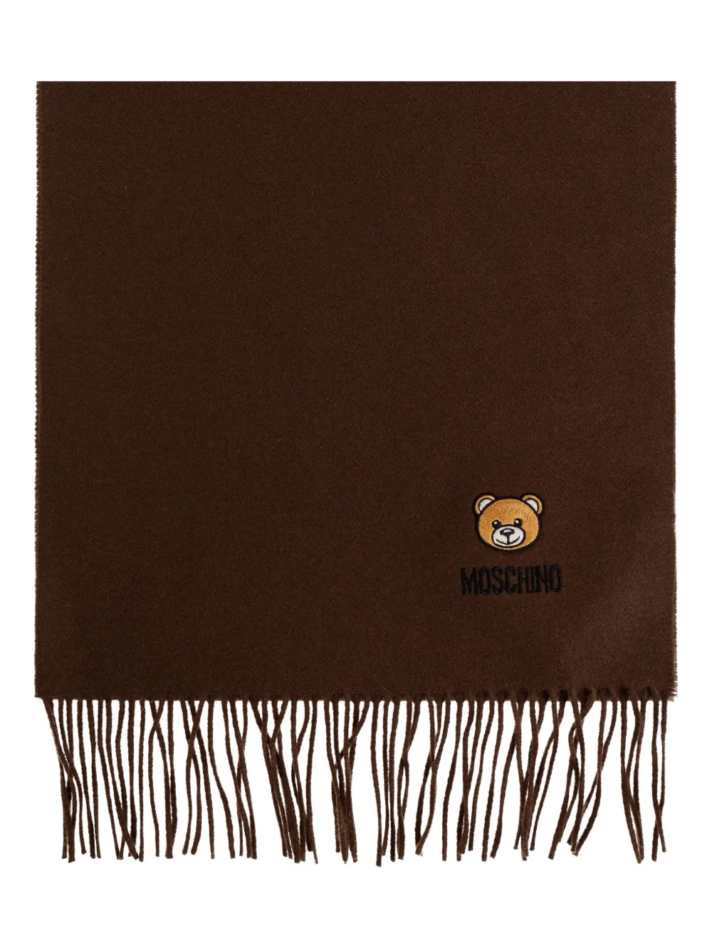 Moschino teddy-embroidered fringed scarf Bruin