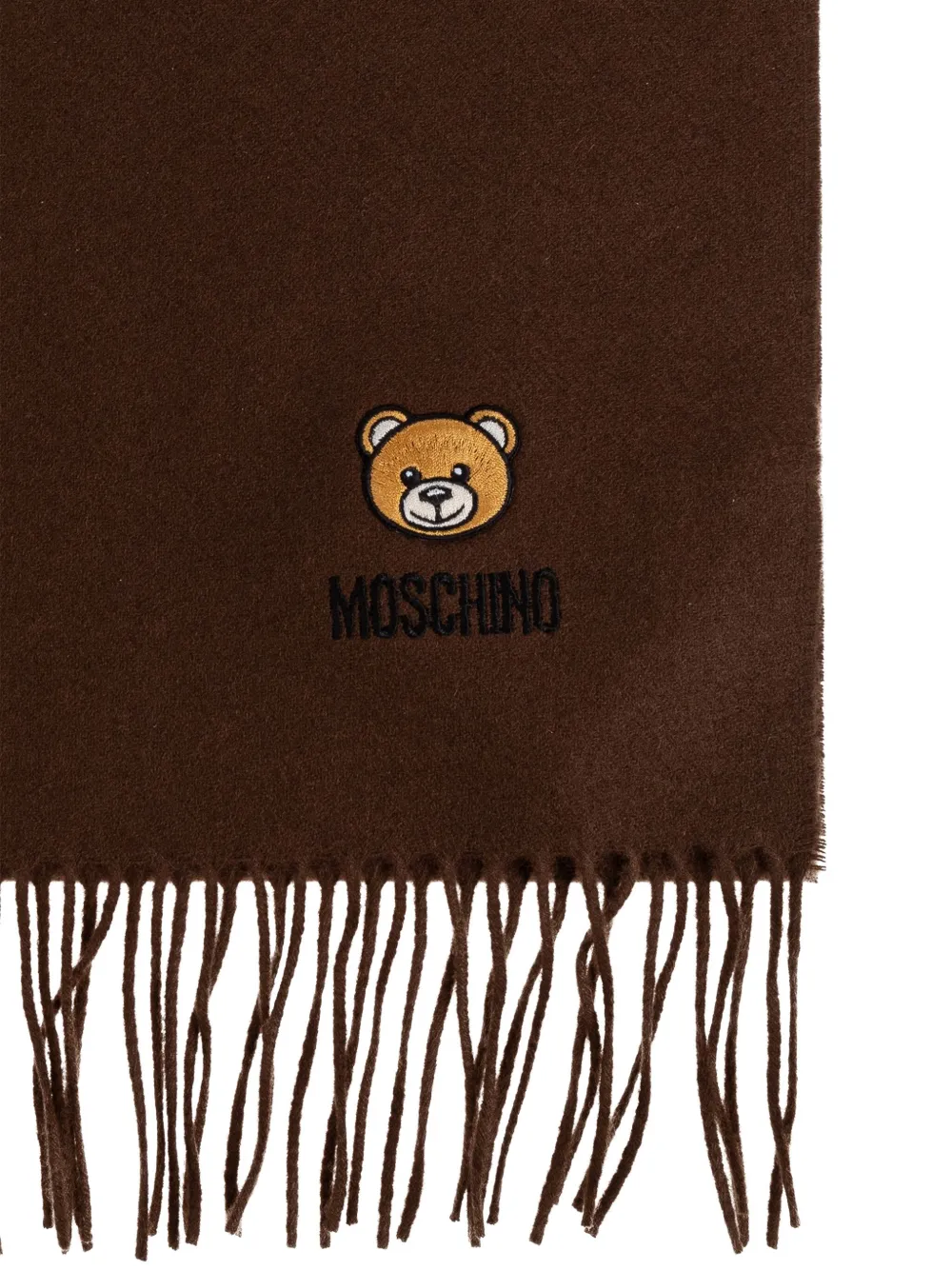 Moschino teddy-embroidered fringed scarf Bruin