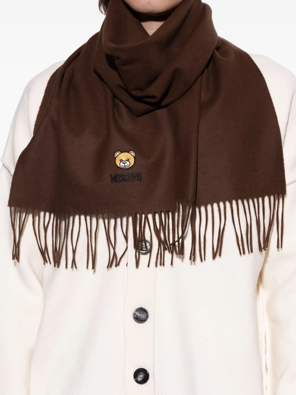 Moschino teddy-embroidered fringed scarf Bruin