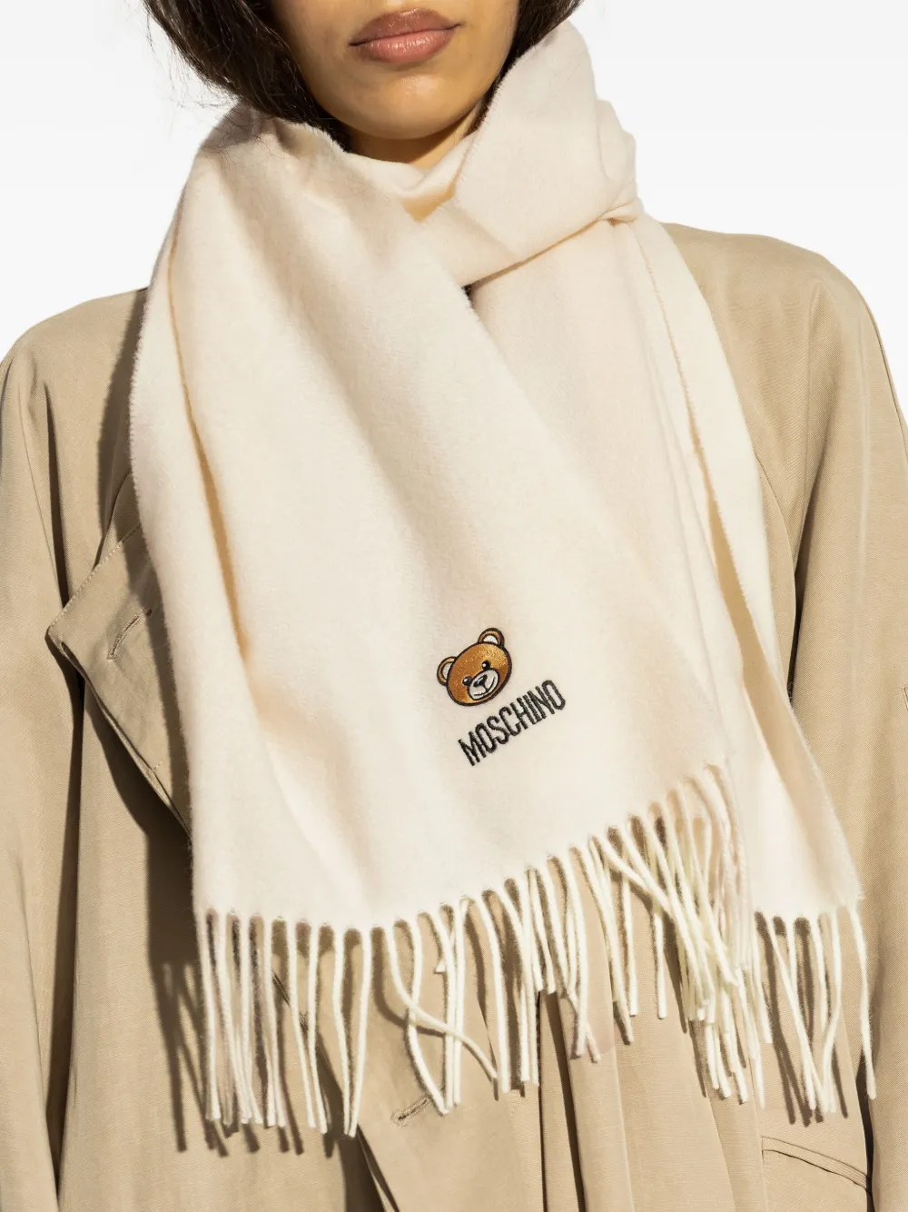 Moschino Sjaal met geborduurde teddybeer en franje Beige