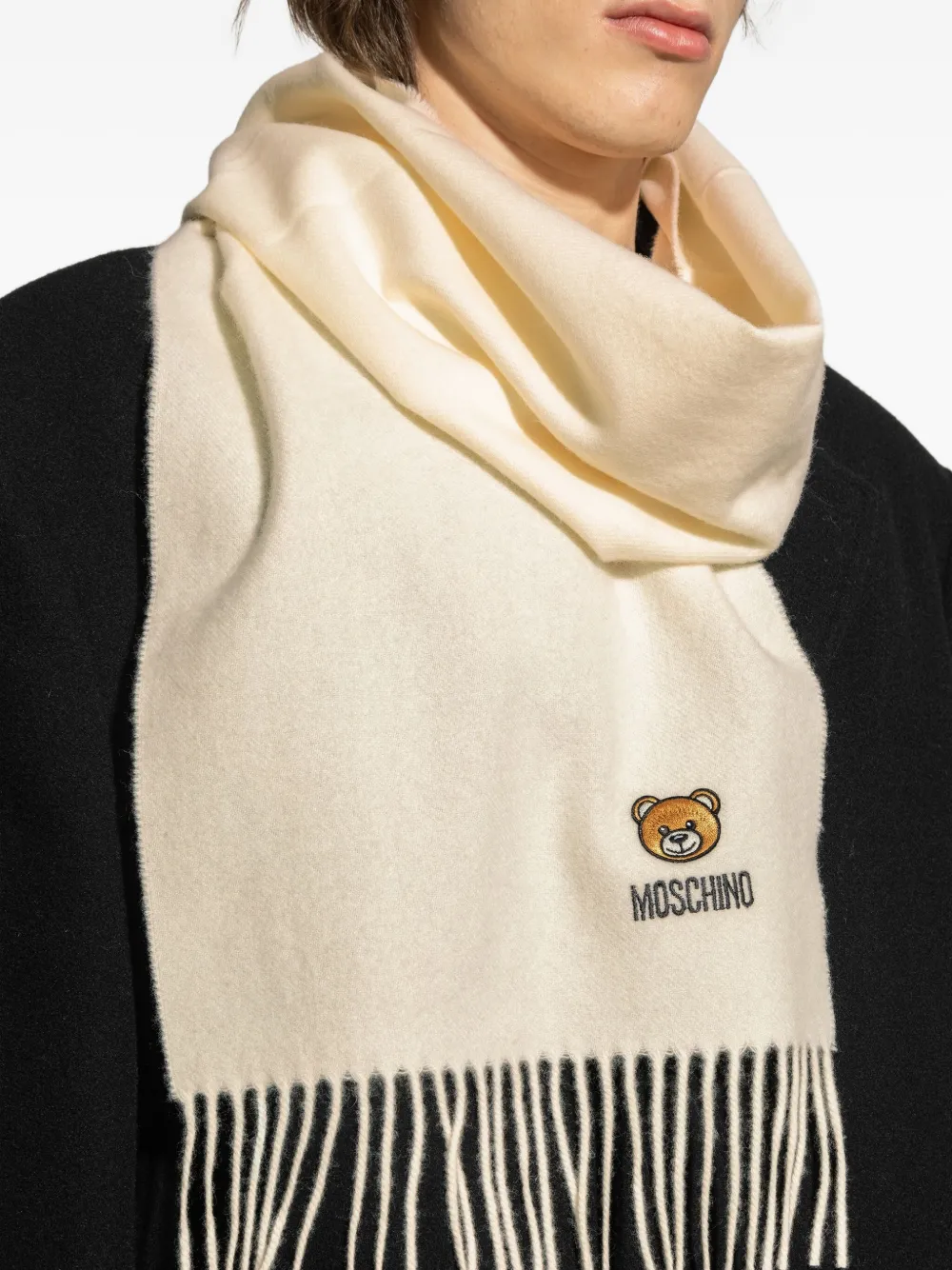 Moschino Sjaal met geborduurde teddybeer en franje Beige