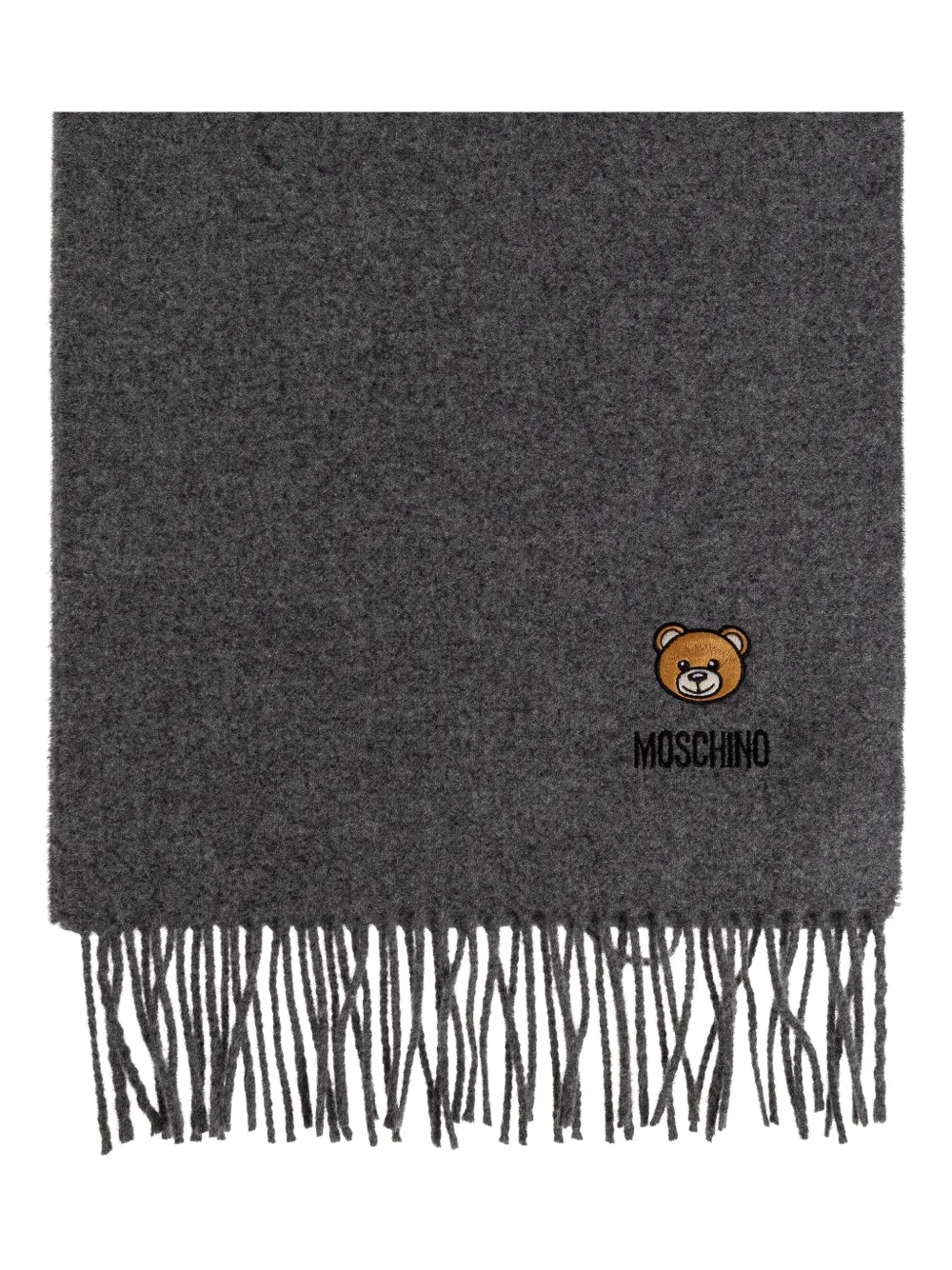 Moschino teddy-embroidered fringed scarf Grijs