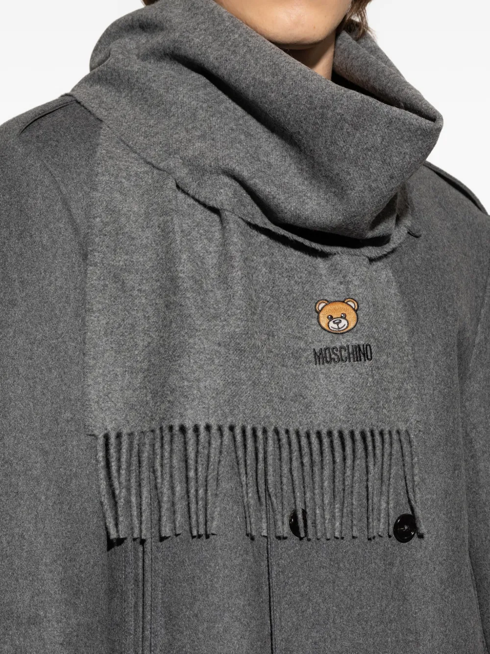 Moschino teddy-embroidered fringed scarf Grijs