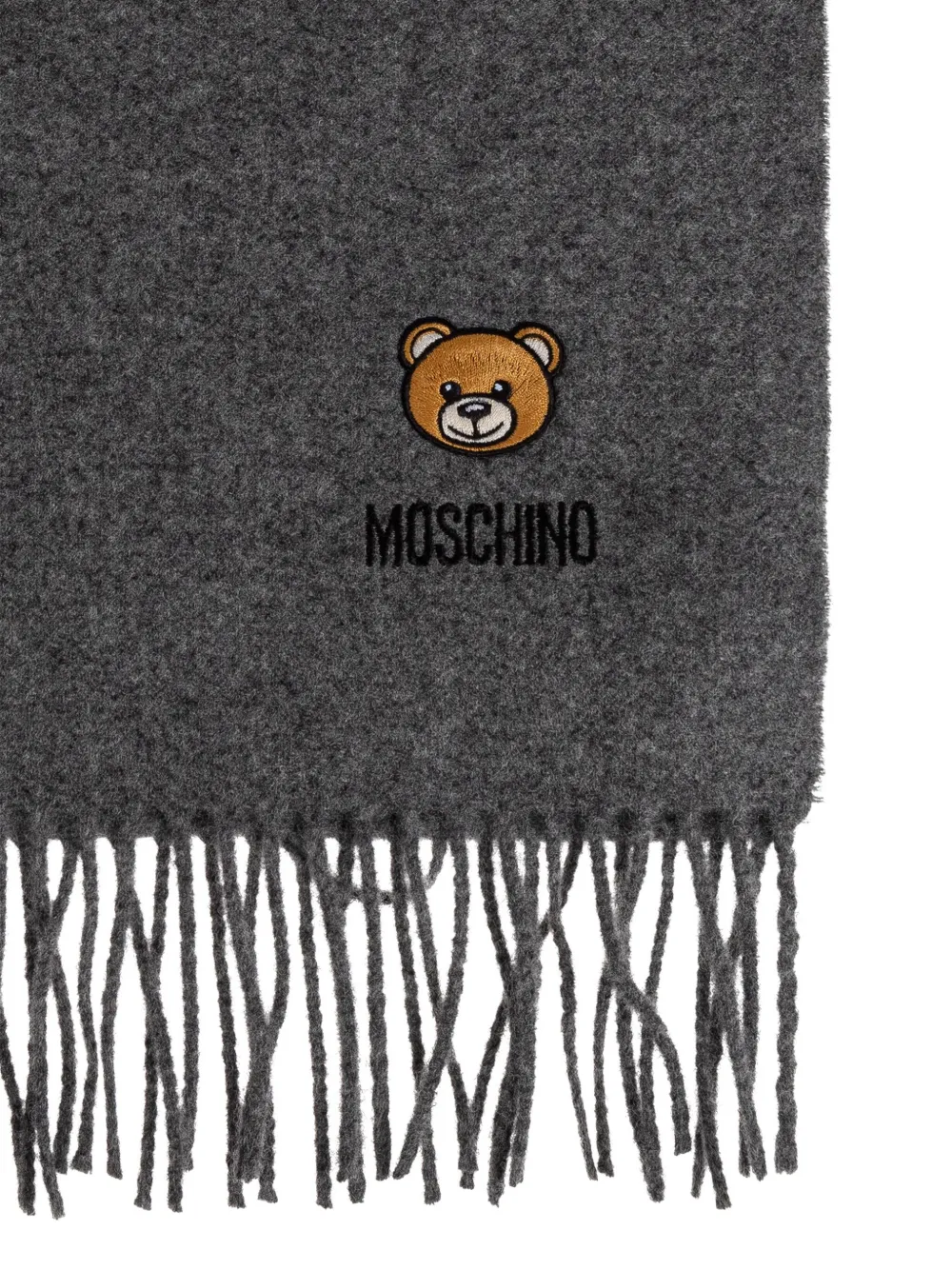 Moschino teddy-embroidered fringed scarf Grijs