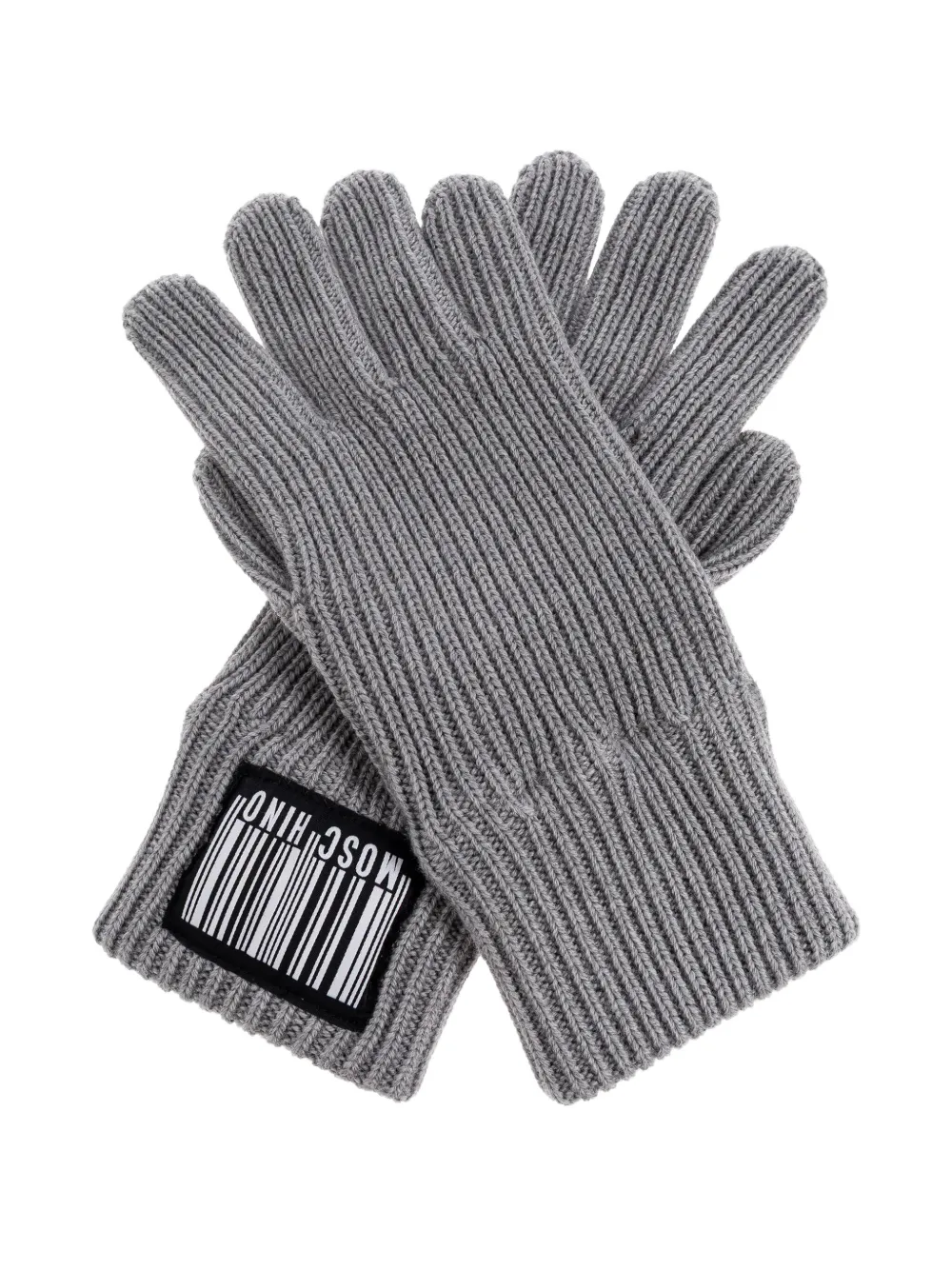 Moschino barcode-appliqué ribbed gloves Grijs