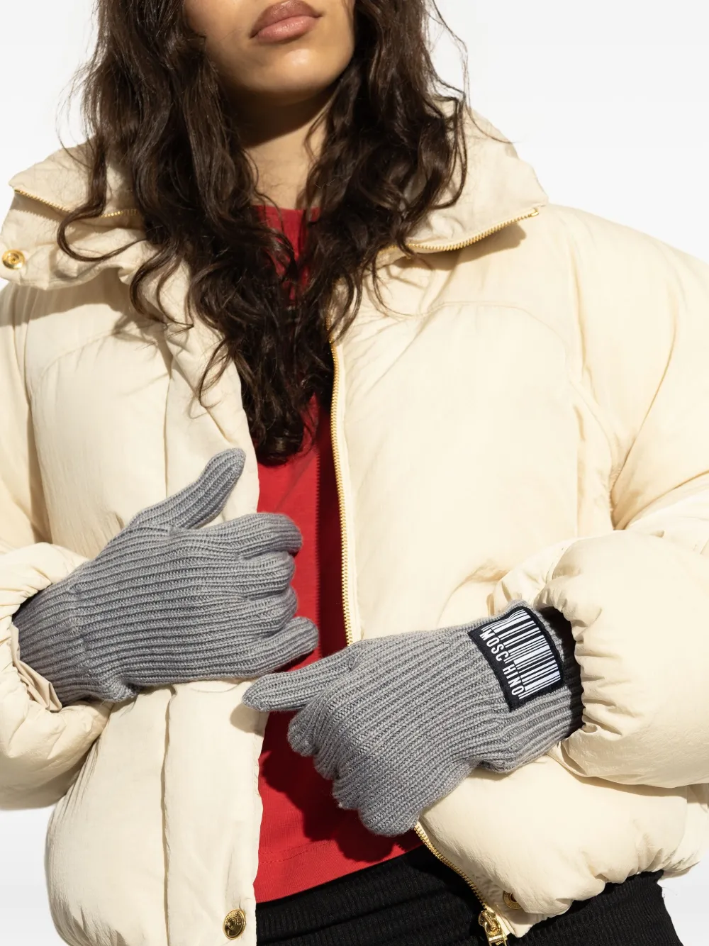 Moschino barcode-appliqué ribbed gloves Grijs