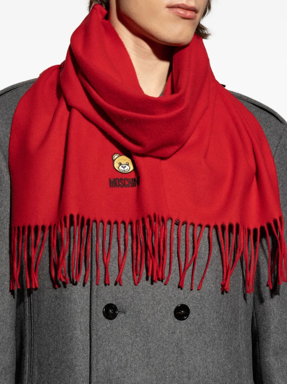 Moschino teddy bear-embroidered fringed scarf Rood