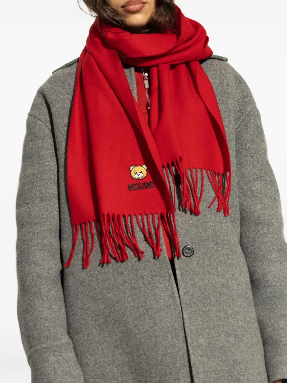 Moschino teddy bear-embroidered fringed scarf Rood
