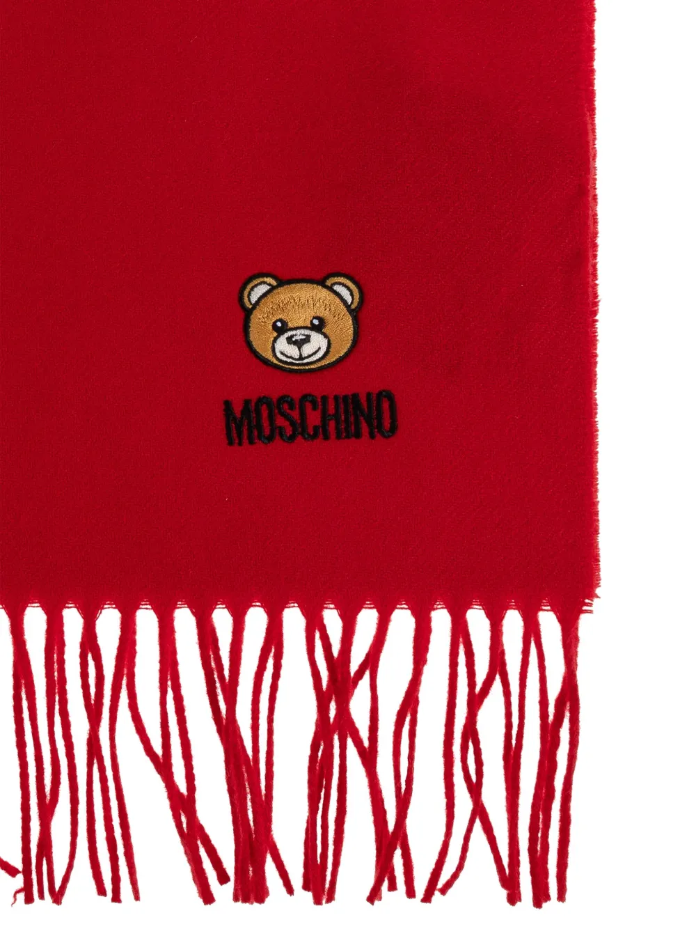 Moschino teddy bear-embroidered fringed scarf Rood