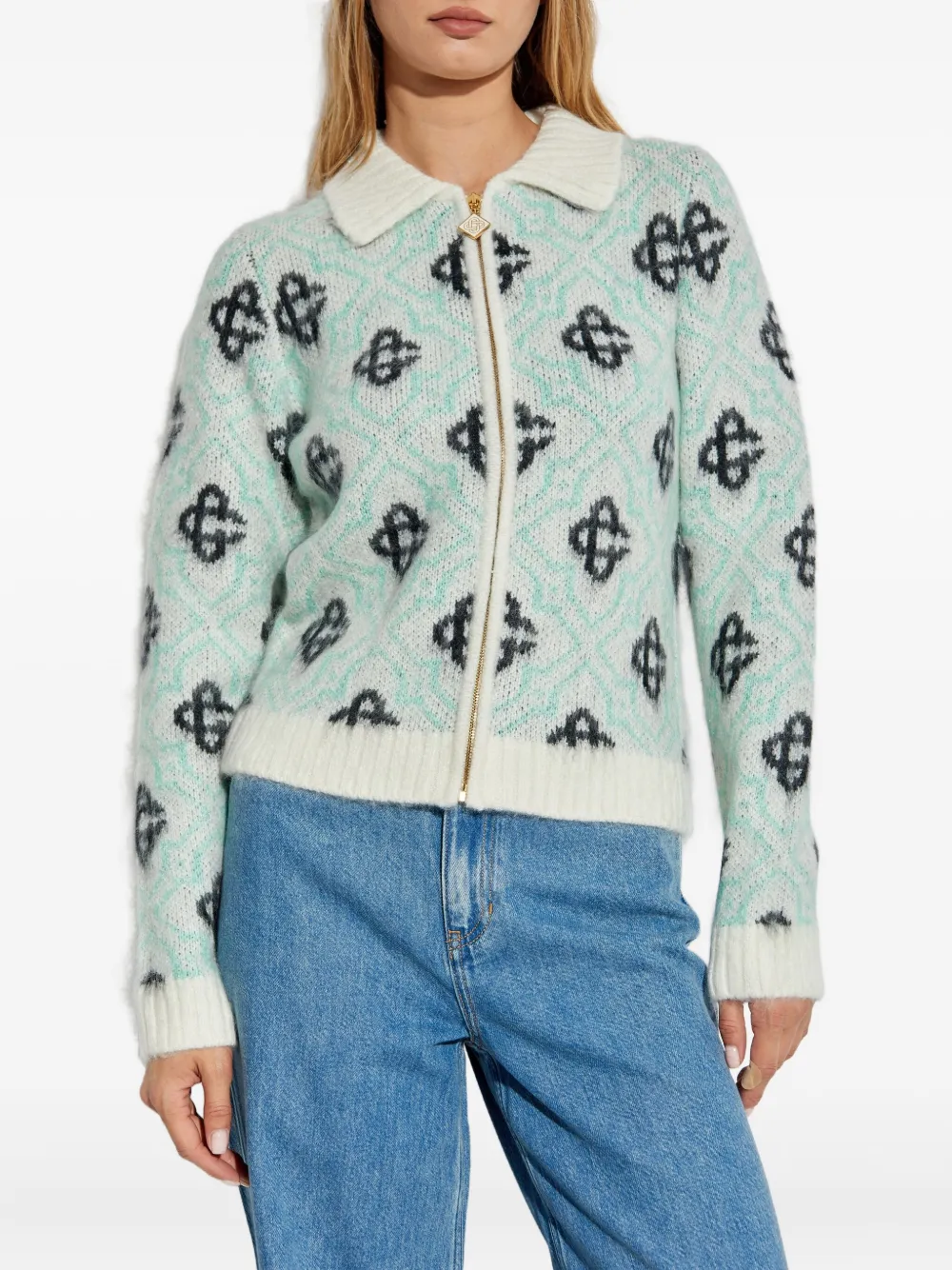 Casablanca monogram-pattern zip-up cardigan Groen