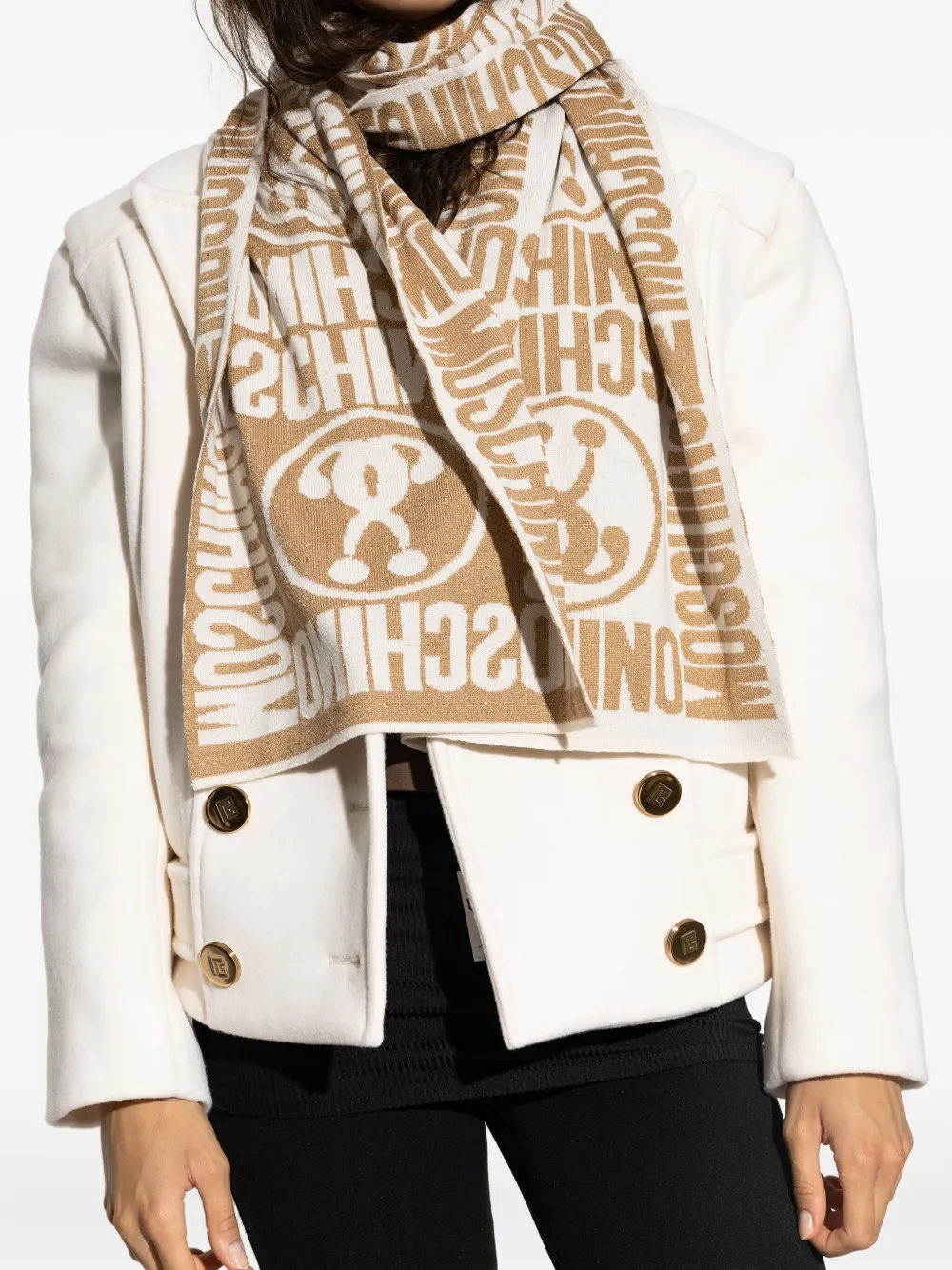 Moschino Sjaal met teddybeerprint en logopatroon Beige