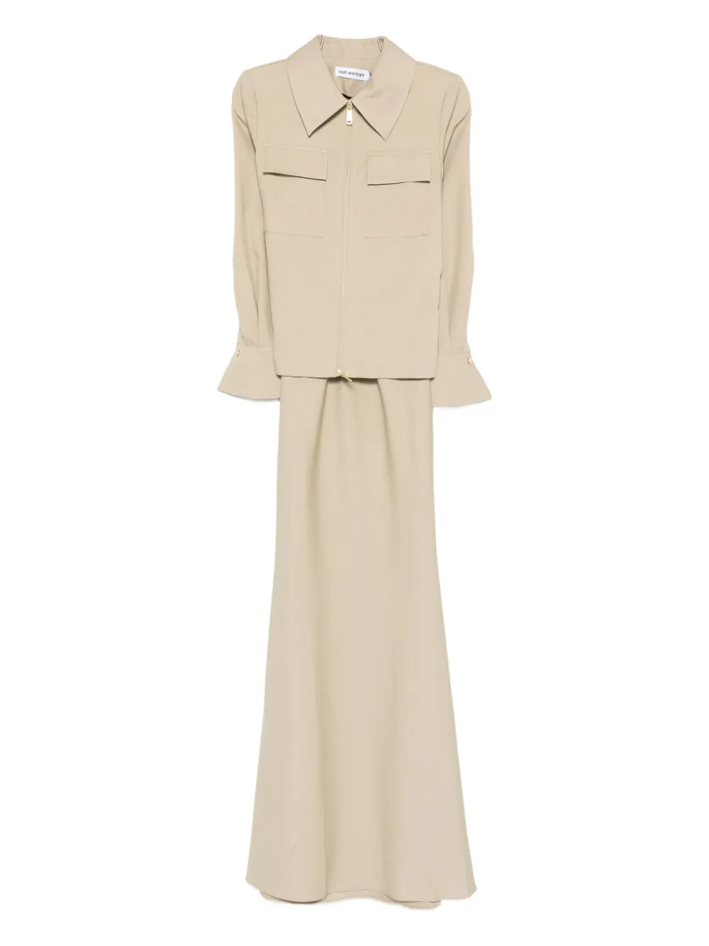 Self-portrait Beige Twill Maxi Dress Clothing In Neutral