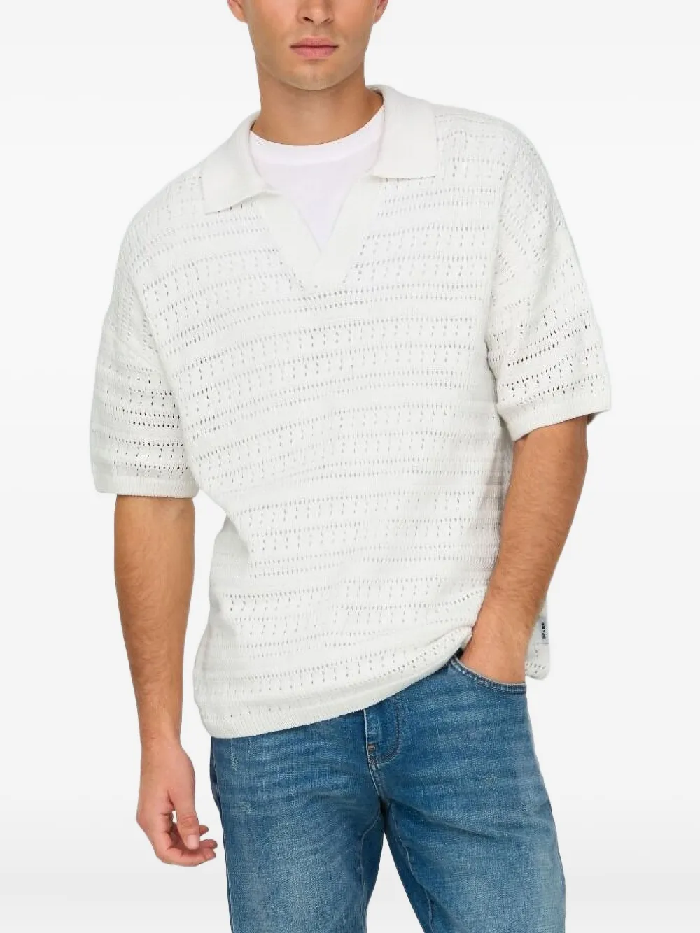 ONLY&SONS|Man Lochstrick-Pullover mit Polokragen - Weiß