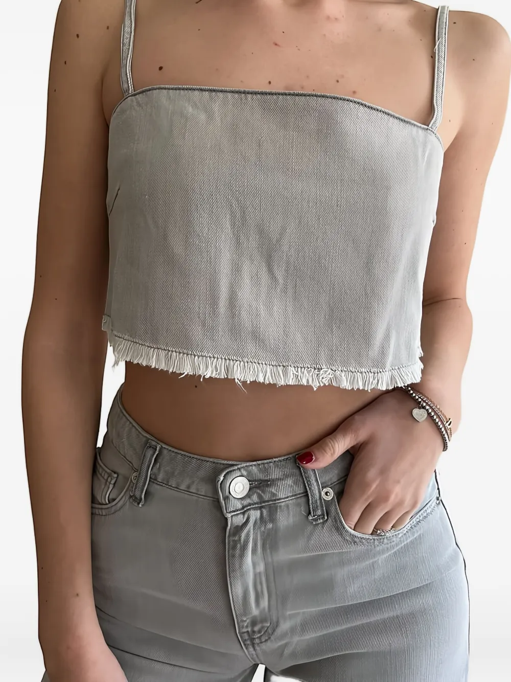 Vicolo Frayed Denim Top In Gray