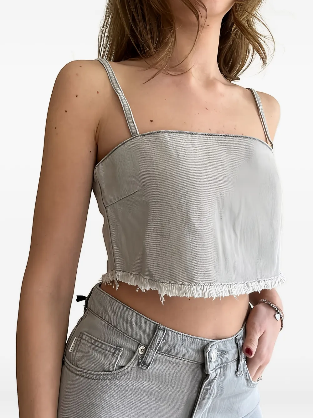 Vicolo Frayed Denim Top In Gray