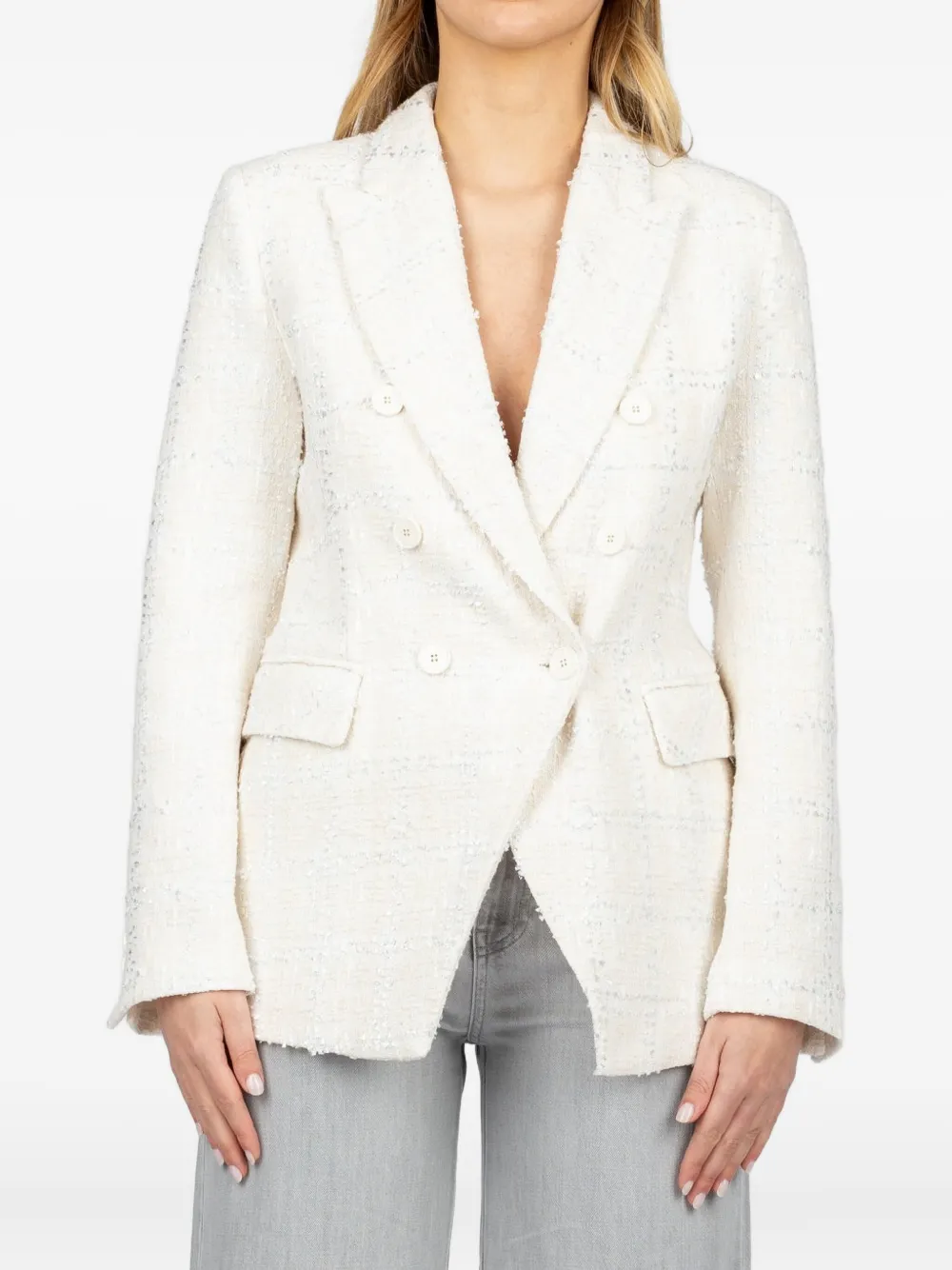 Vicolo Tweed Double-breasted Blazer In White