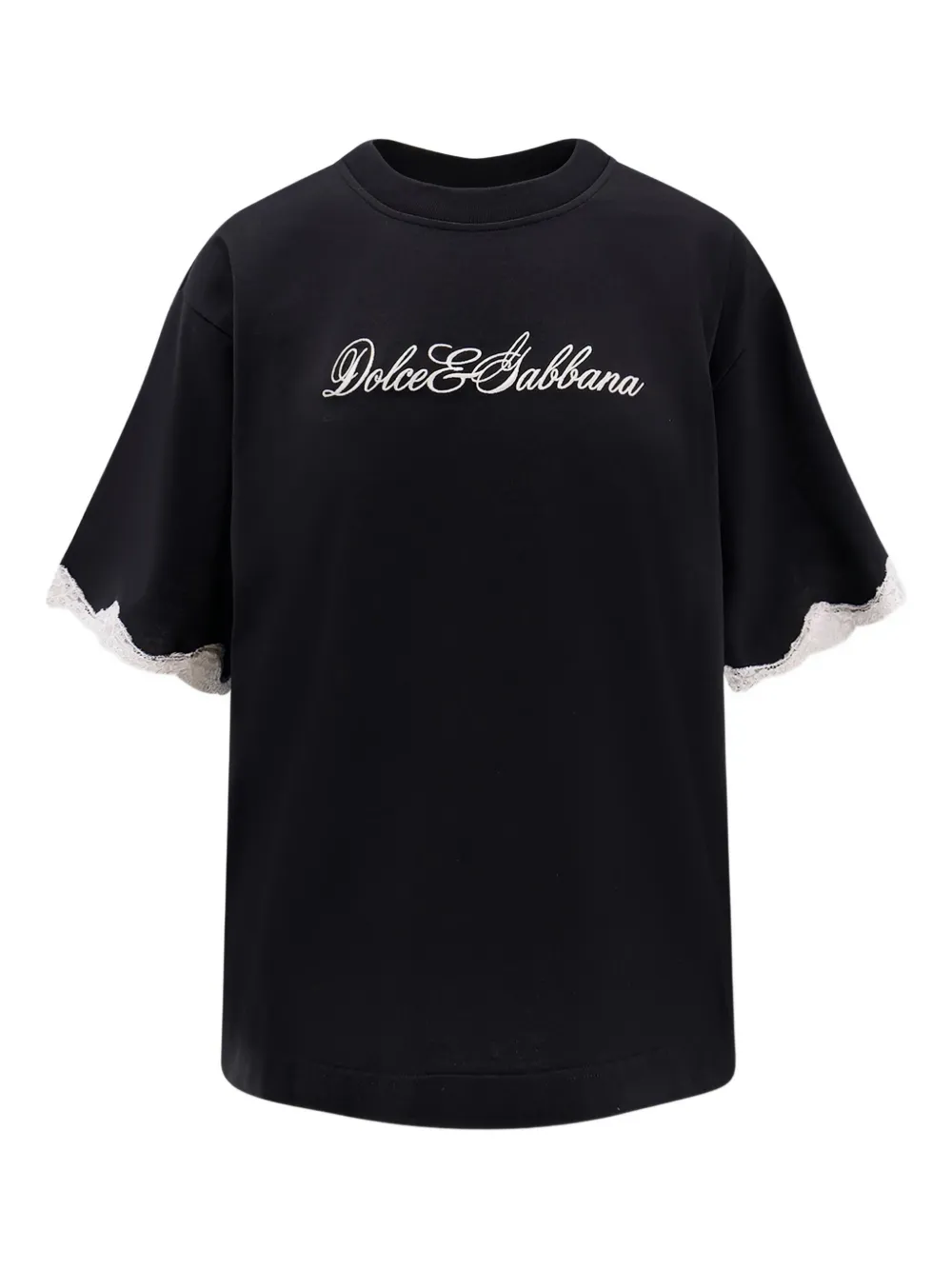 Dolce & Gabbana Logo-embroidered Lace-trimmed T-shirt In Black