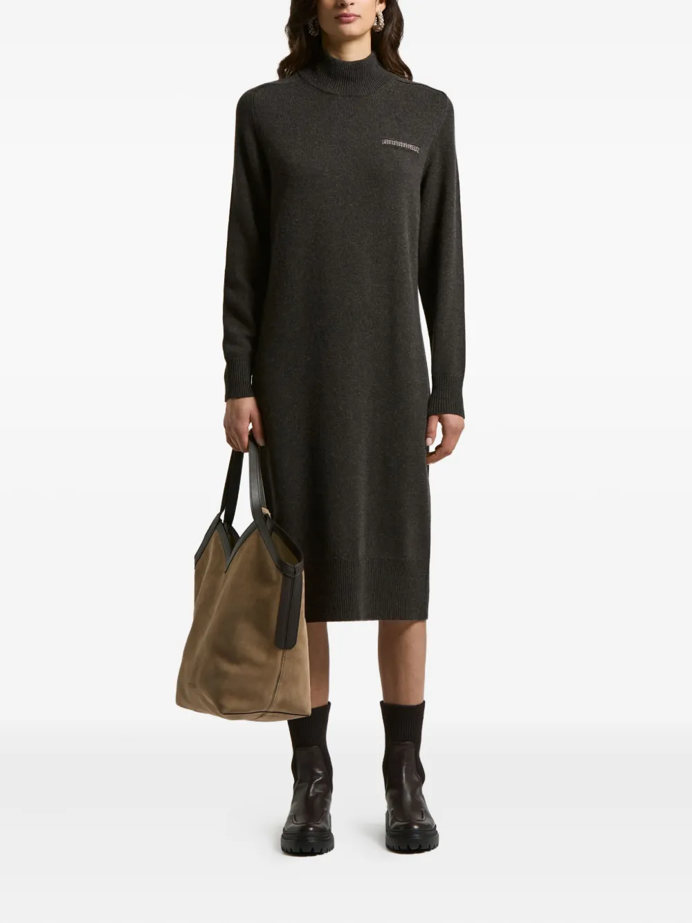 Peserico mock-neck embellished midi dress - Bruin
