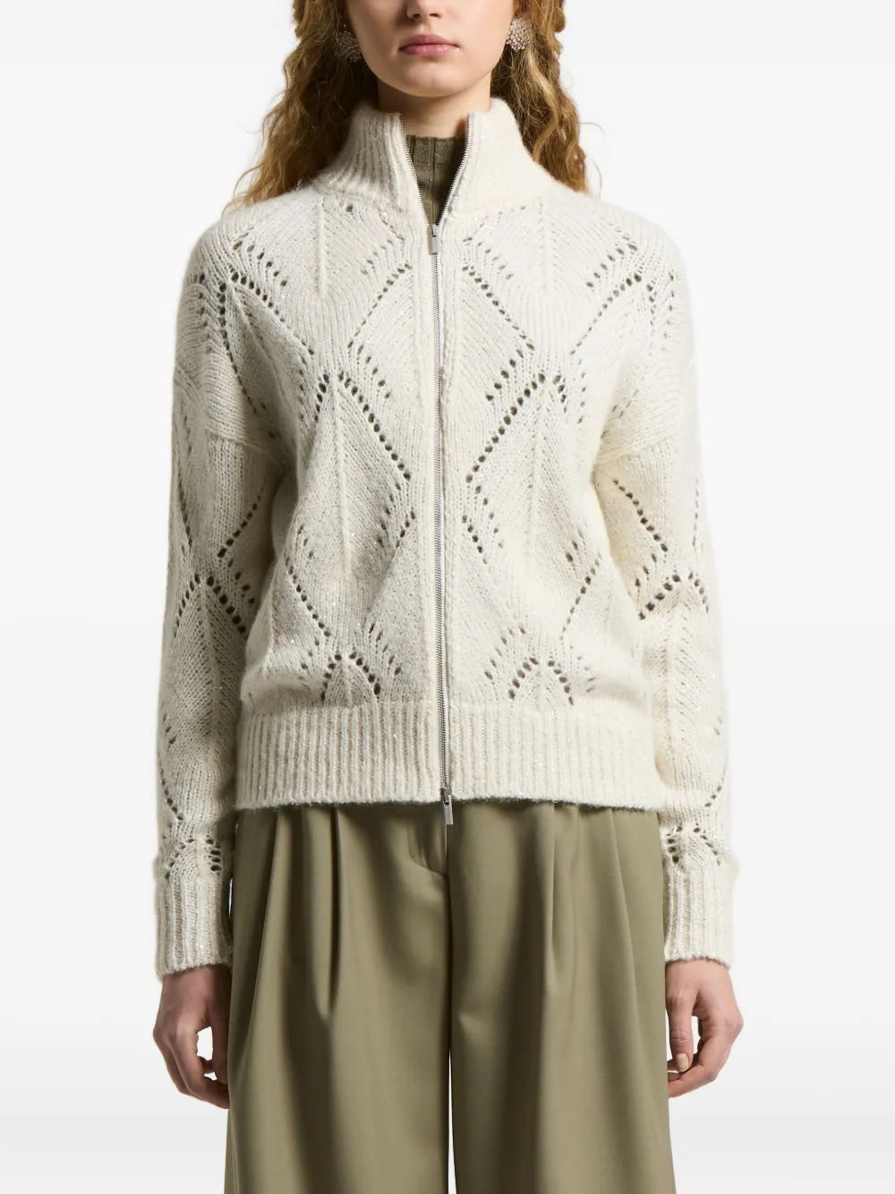 Peserico diamond-pattern zip-up cardigan | White | Image 1