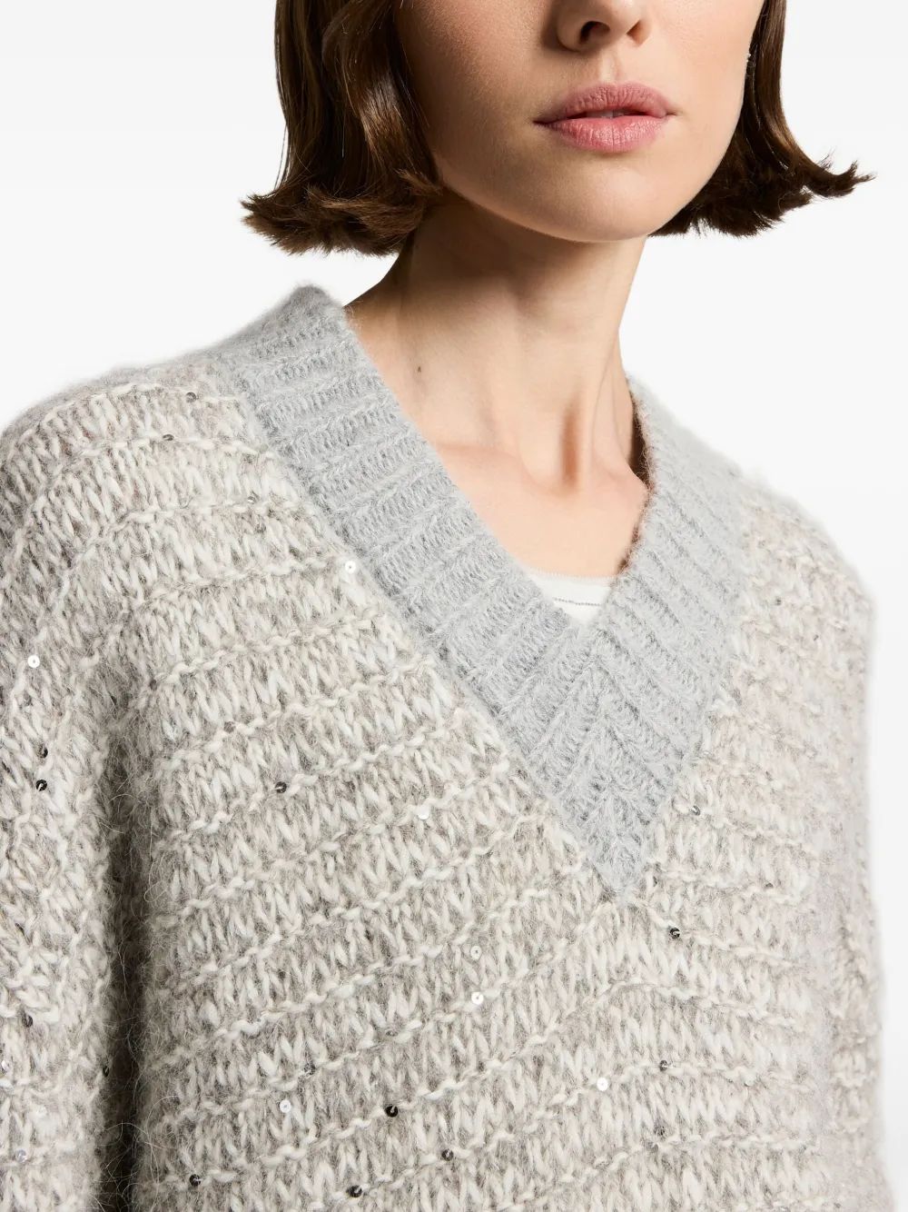 Peserico Sequin-embellished V-neck Sweater In Gray
