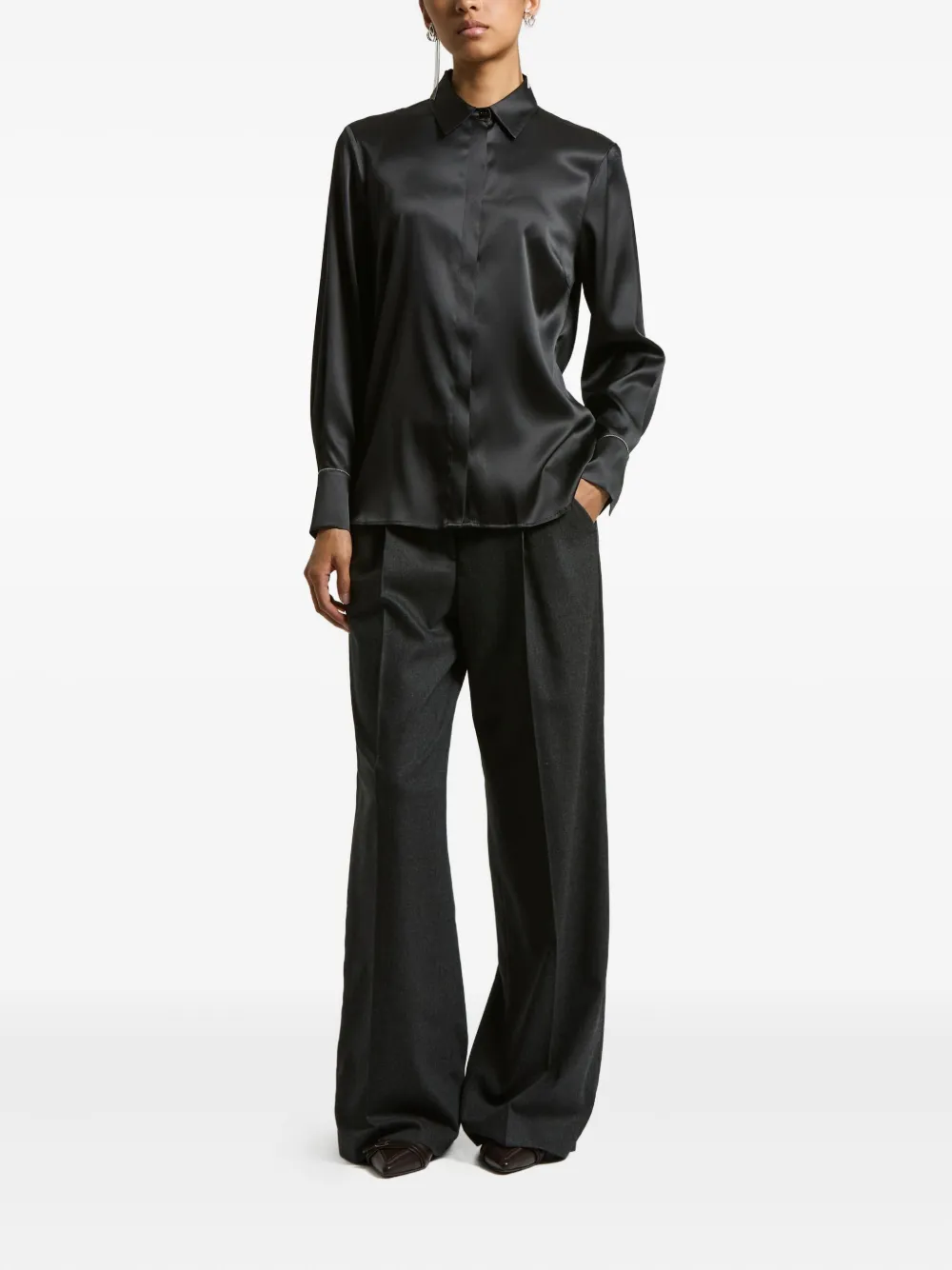 Peserico Stretch Silk Satin Button-front Shirt In Black