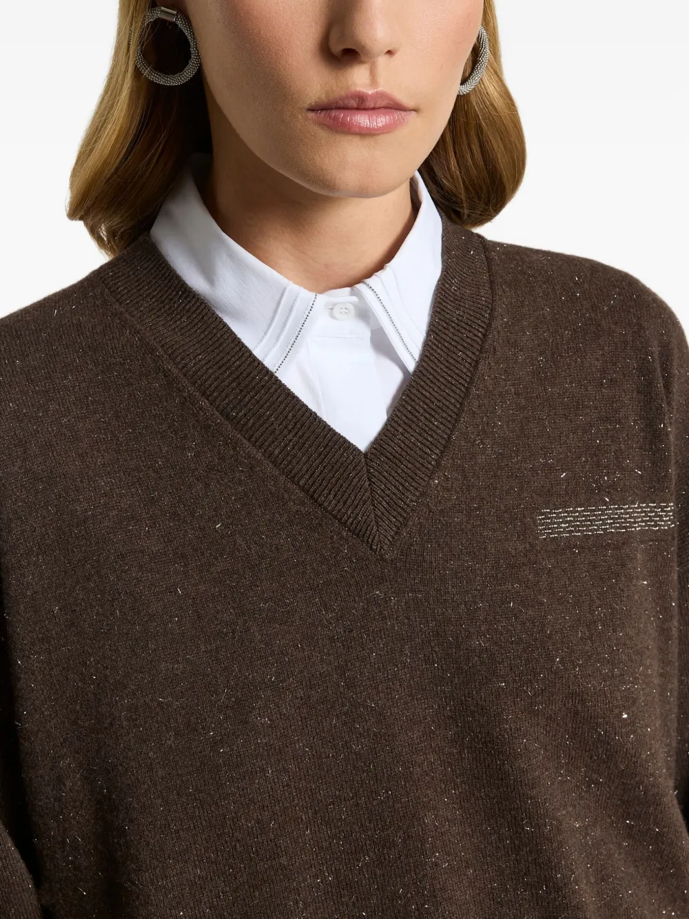 Peserico V-neck Embellished Sweater In Brown