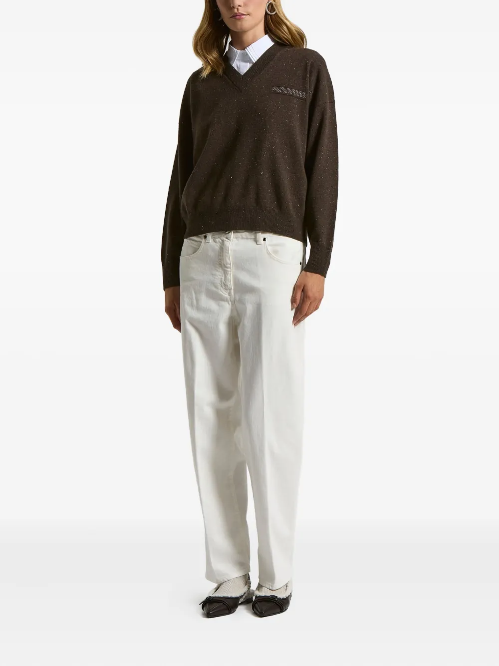 Peserico V-neck Embellished Sweater In Brown