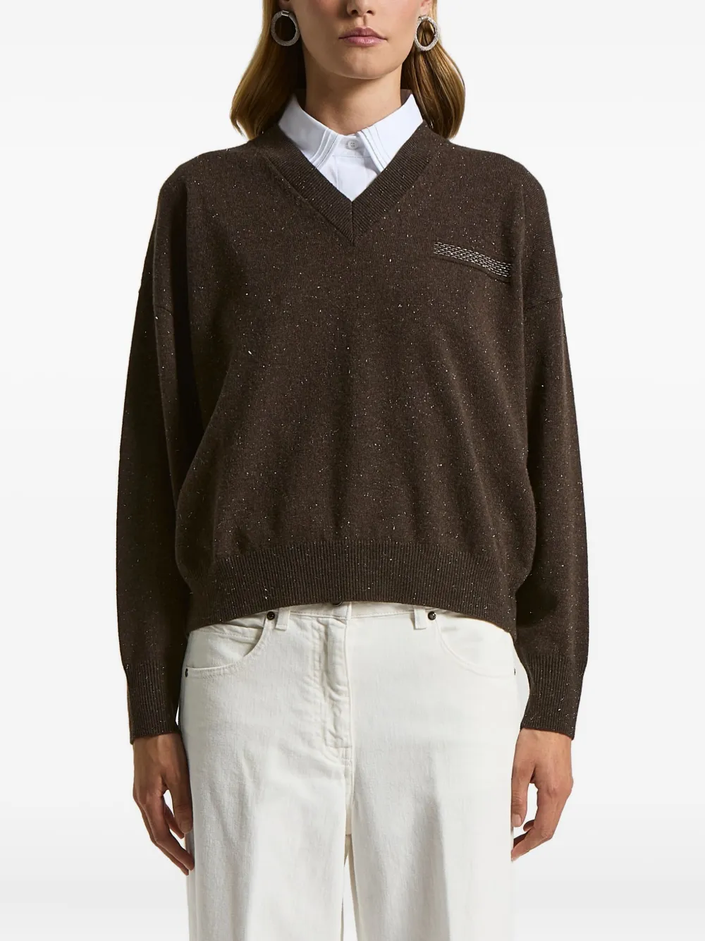Peserico V-neck Embellished Sweater In Brown