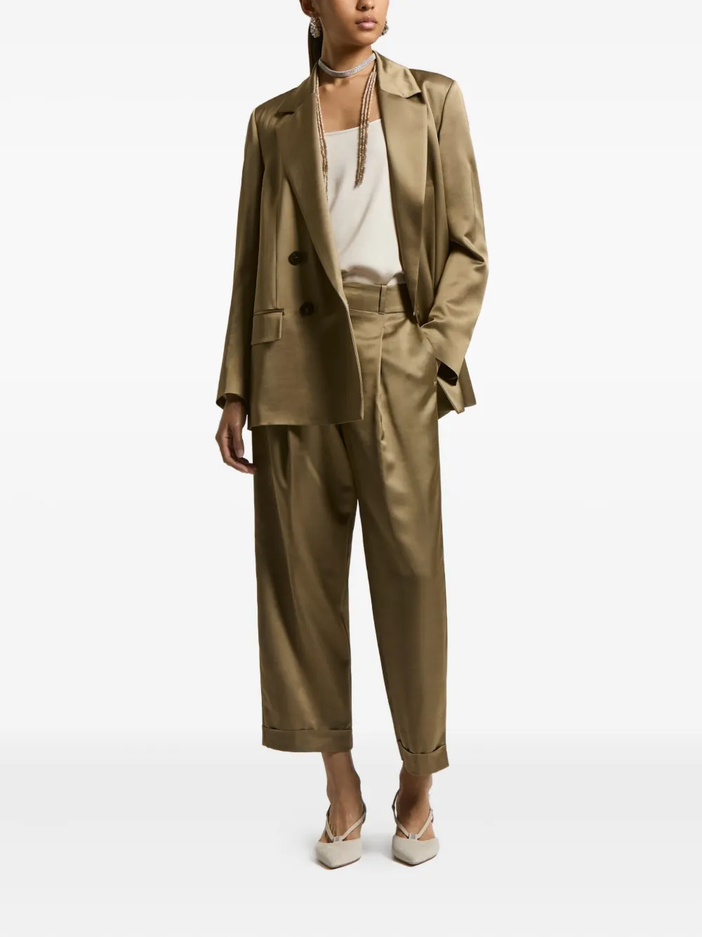 Peserico Double-breasted Satin Blazer In Brown
