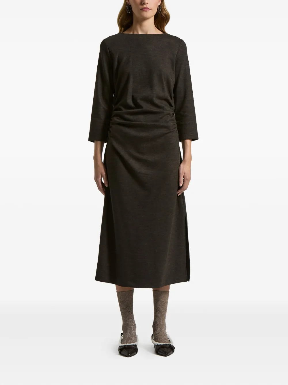 Peserico Gathered Midi Dress In Brown