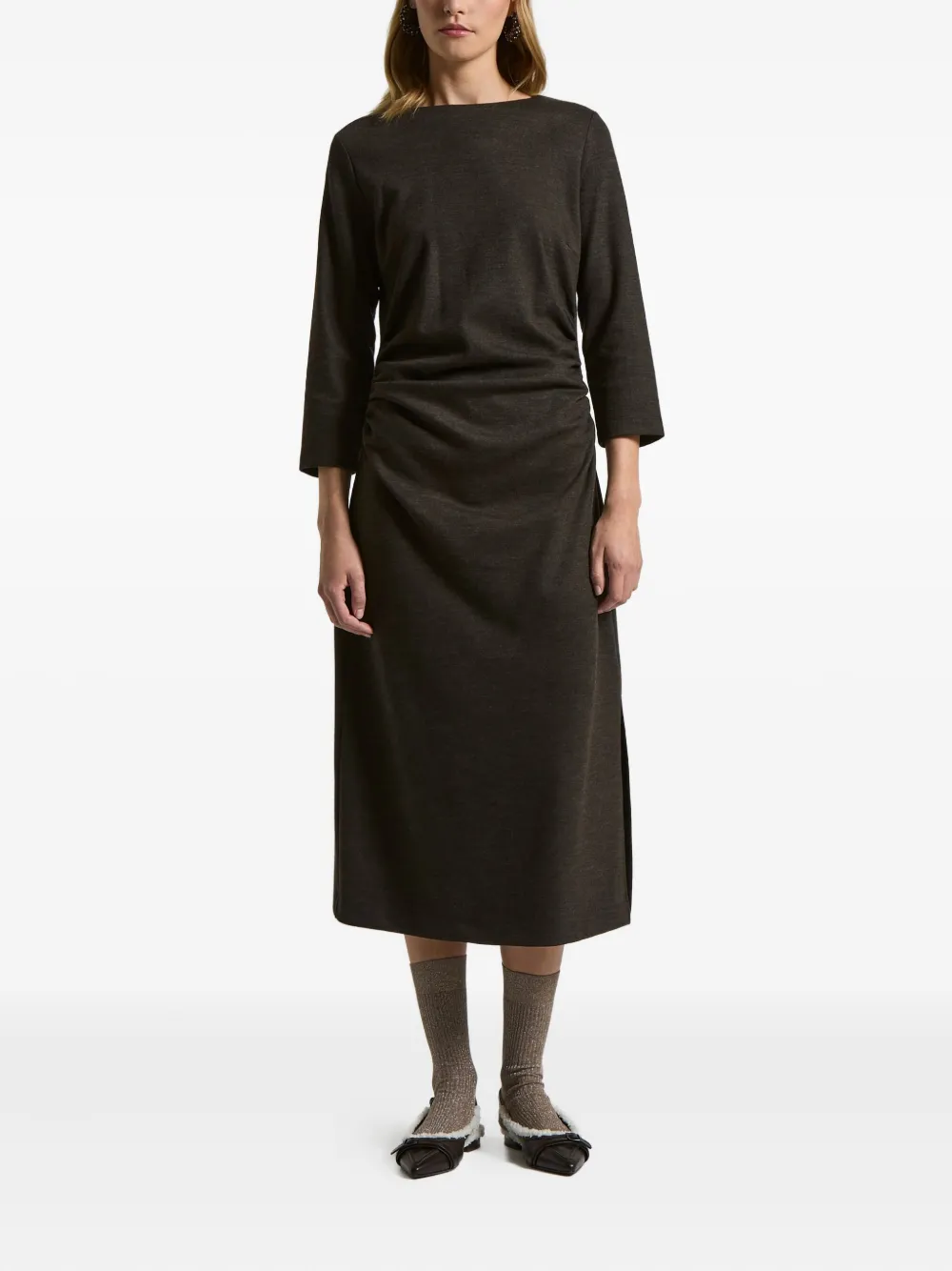 Peserico Gathered Midi Dress In Brown