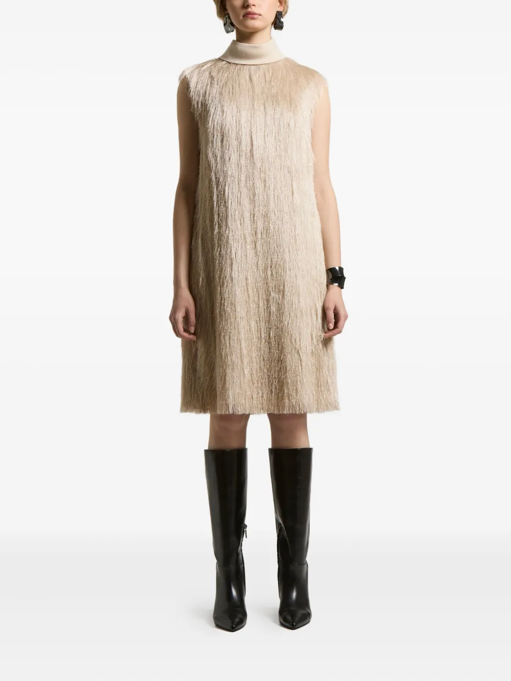 Peserico Jurk met hoge hals en franje - Beige
