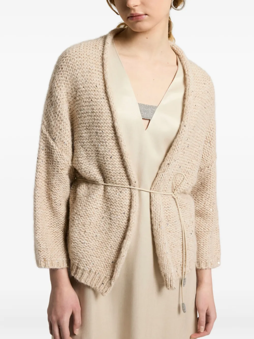 Peserico Sequin-embellished Belted Cardigan In Nude