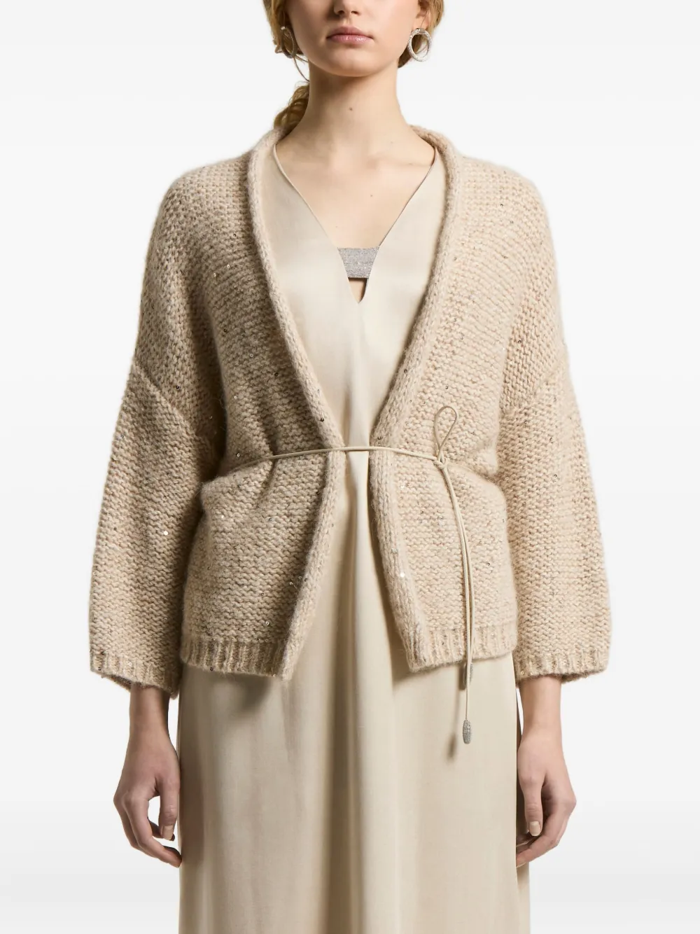 Peserico sequin-embellished belted cardigan | Neutrals | Image 1
