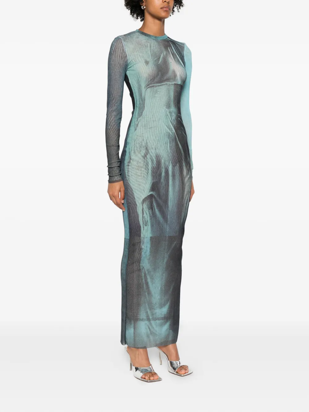 Jean Paul Gaultier Printed Long-sleeved Midi Dress In Blue