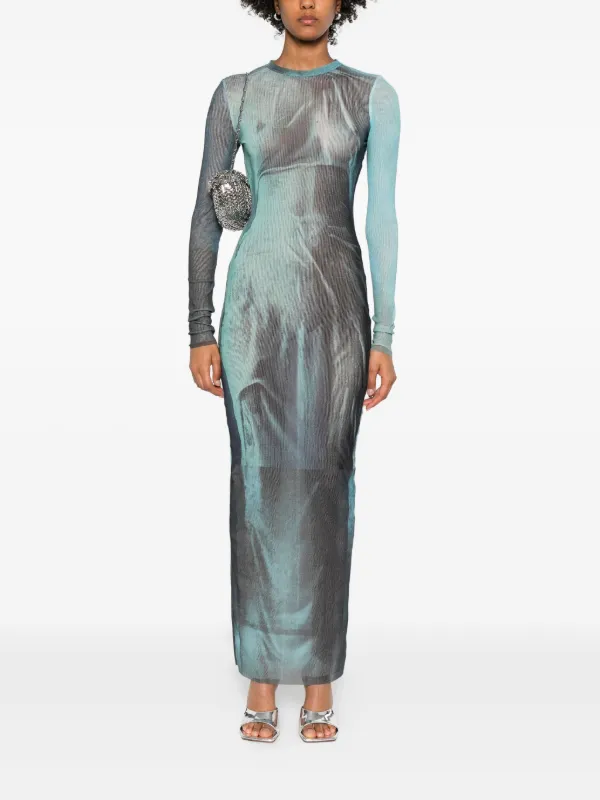 Jean Paul Gaultier Printed long-sleeved Midi Dress Blue Farfetch