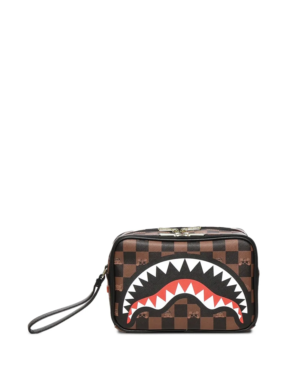 Sprayground Peeking Character Shark-mouth Checkered Wash Bag In Brown