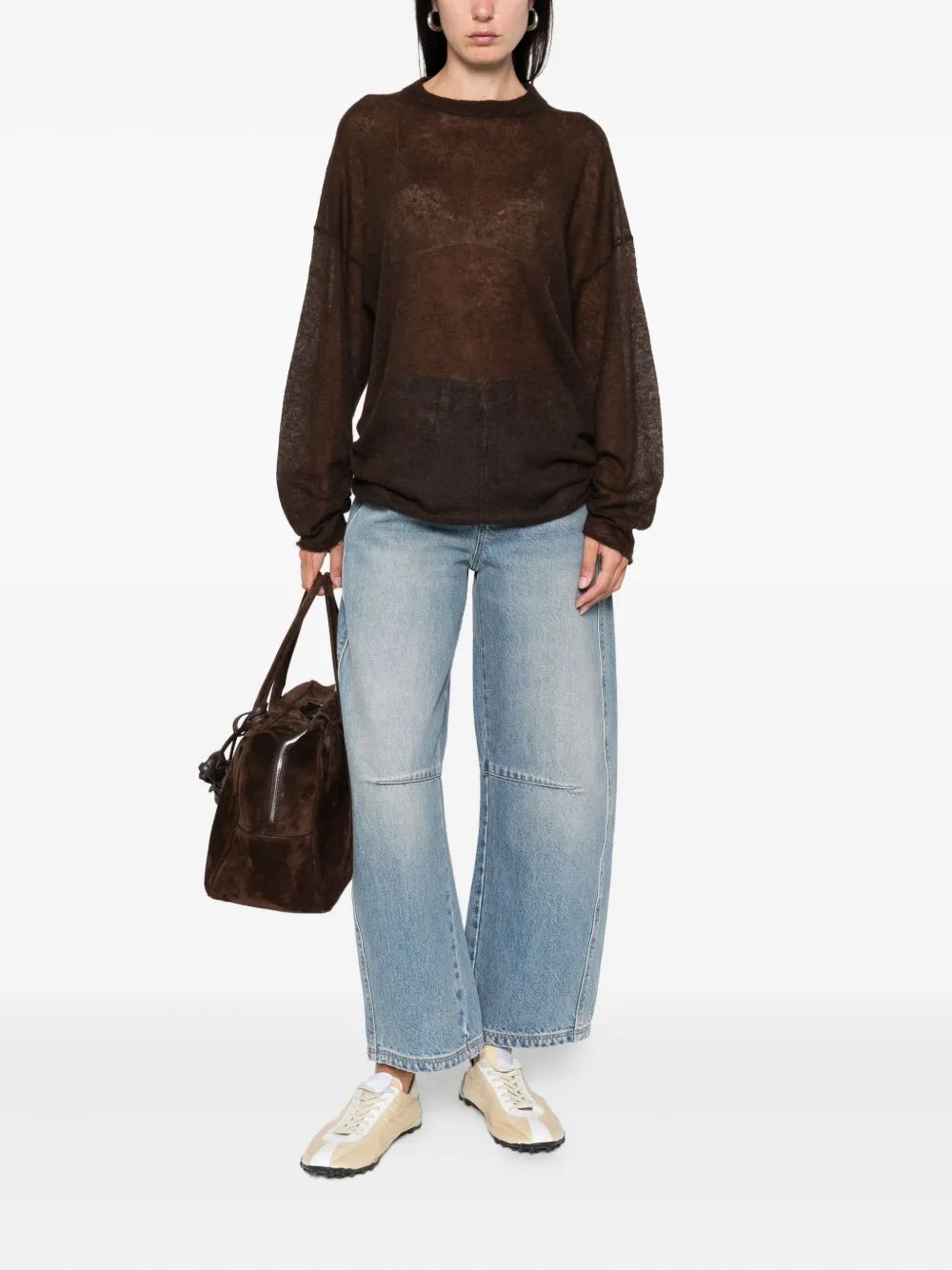 Haikure frayed-hemline round-neck sweater Bruin