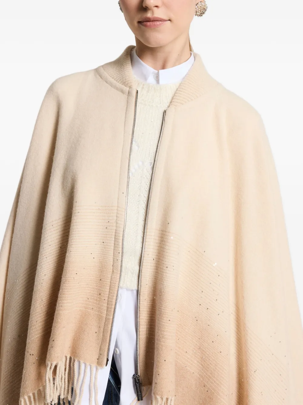 Peserico Zip-front Fringed Cape In Neutral