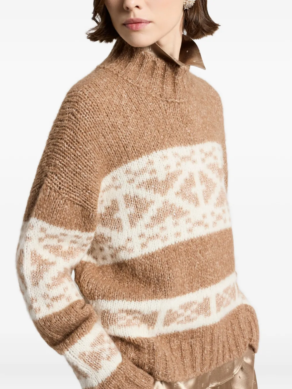 Peserico Fairisle-pattern High-neck Sweater In Brown