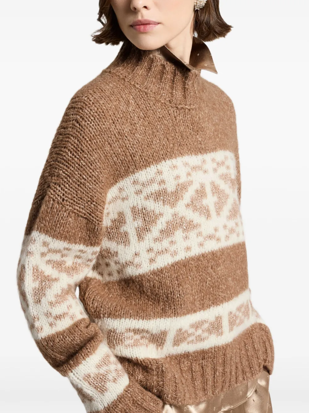 Peserico Trui met V-hals en Fair Isle-patroon Beige