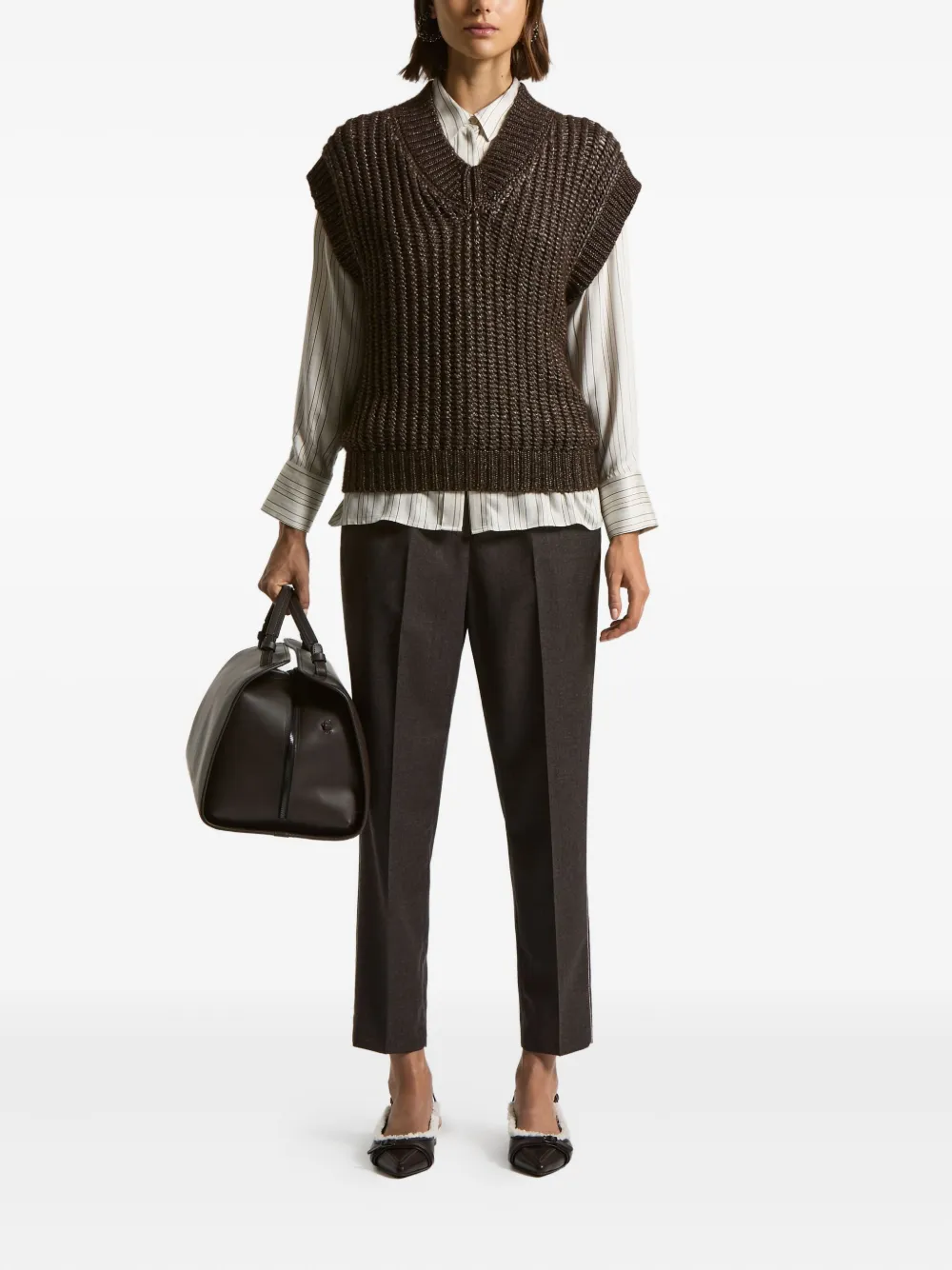 Peserico Metallic-effect V-neck Vest In Brown