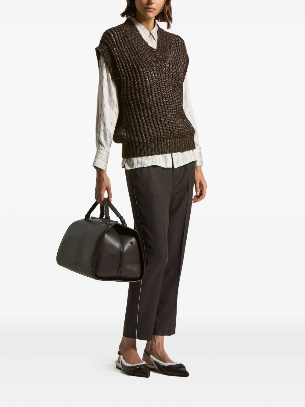 Peserico Metallic-effect V-neck Vest In Brown