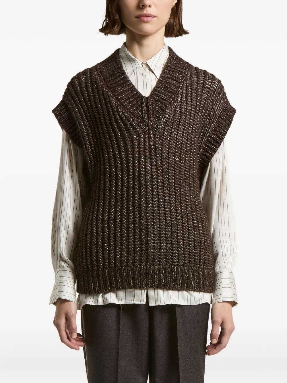 Peserico Metallic-effect V-neck Vest In Brown