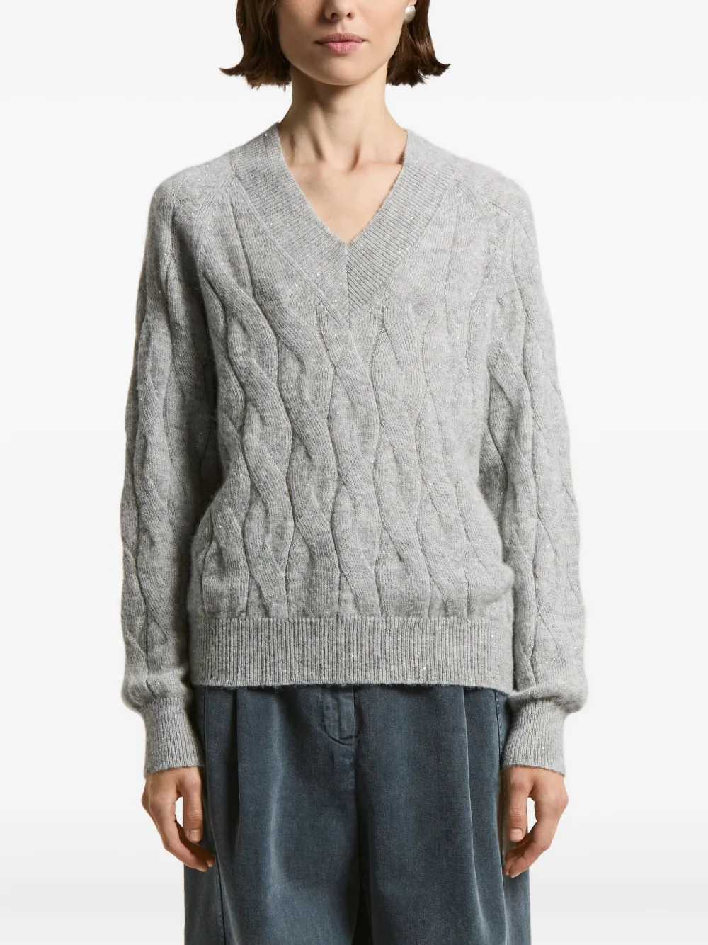 Peserico V-neck Cable-knit Sweater In Gray