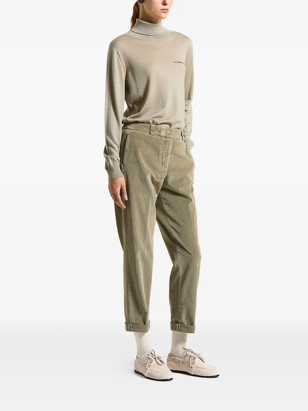 Peserico Broek met ribfluwelen textuur en omgeslagen pijpen - Groen