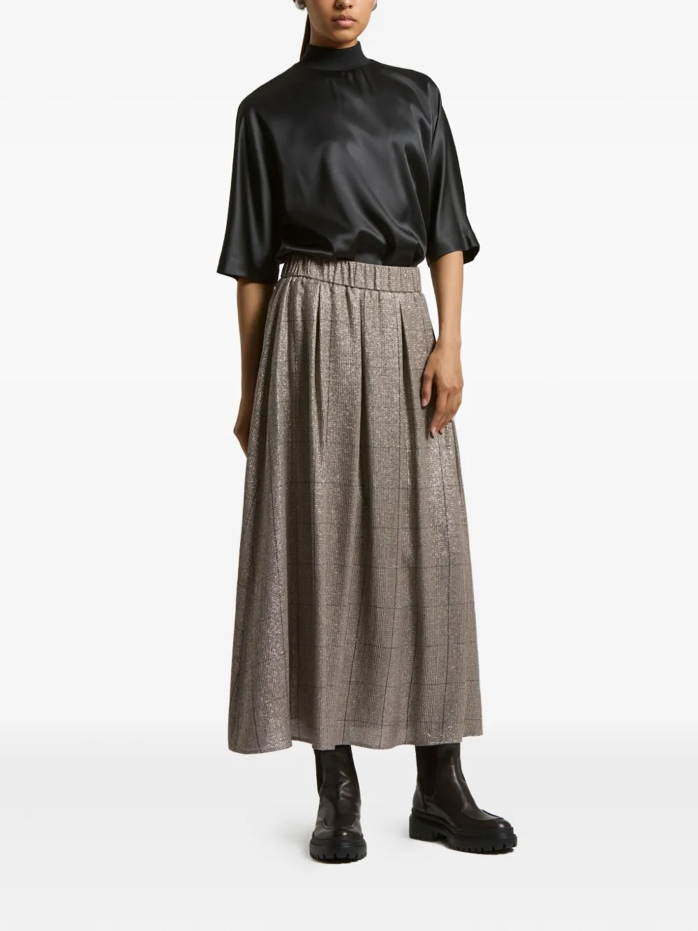 Peserico pleated metallic-check skirt - Bruin