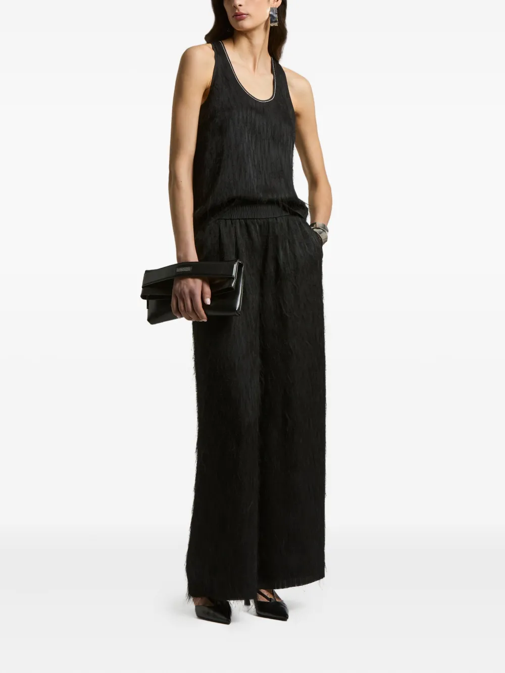 Peserico Elastic-waist Fringed-hem Trousers In Black