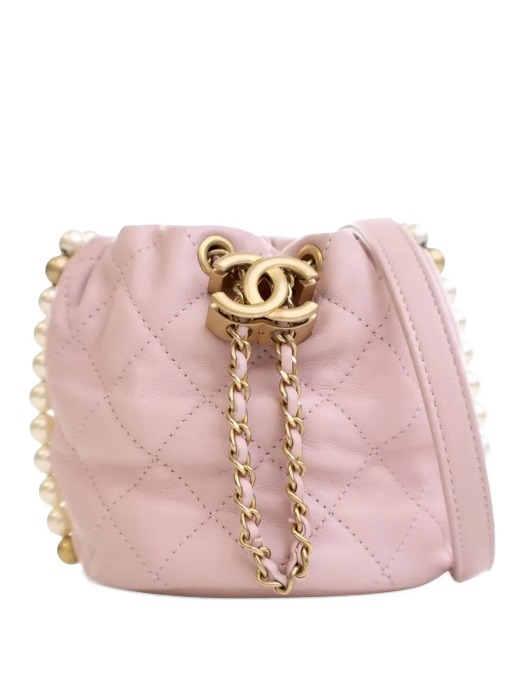 CHANEL Pre-Owned 2021 ミニ マトラッセ カーフスキン アバウト パールズ ドローストリング バケットバッグ - ピンク CHANEL Pre-Owned 2021 ミニ マトラッセ カーフスキン アバウト パールズ ドローストリング バケットバッグ - ピンク